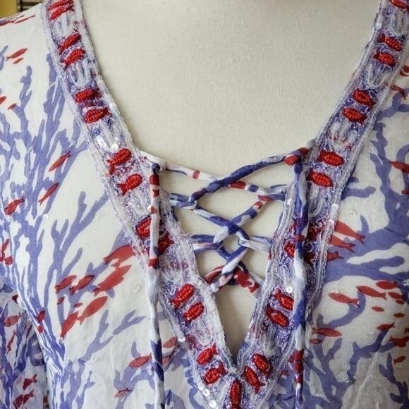 Letarte Silk Sheer Fish and Coral Print Lace Up Swim Coverup with Beads/Sequins - Picture 3 of 7